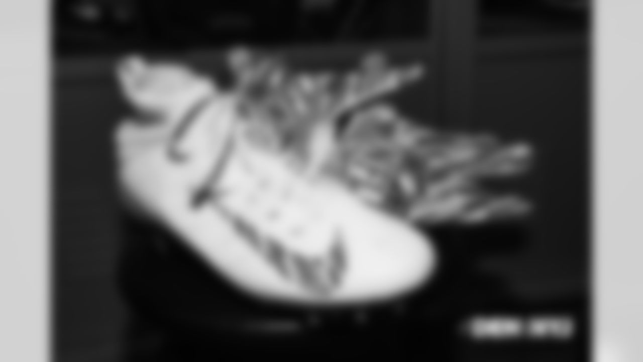 Cleats and gloves promoting Crucial Catch in the locker room pregame before the Broncos' Week 5 game against the New York Jets at MetLife Stadium on October 7, 2018.