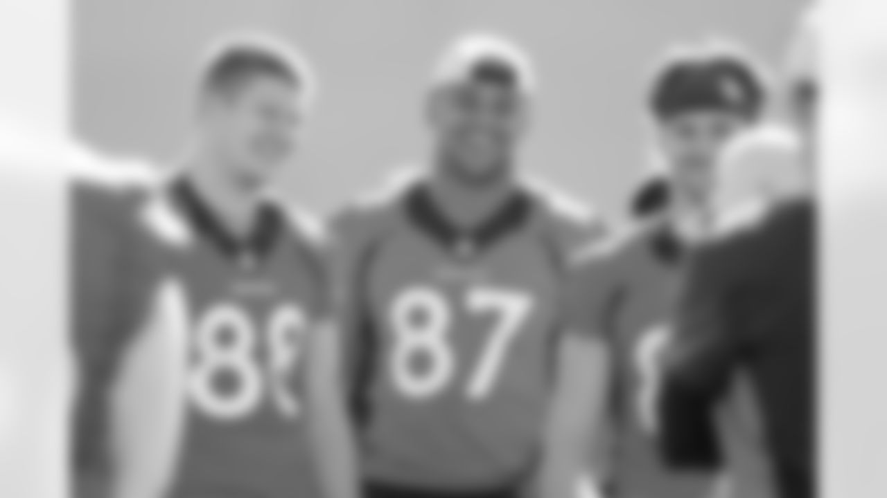 Shaun Beyer and Noah Fant during an offseason program workout at UCHealth Training Center on May 20, 2021. (Photo by Ben Swanson)