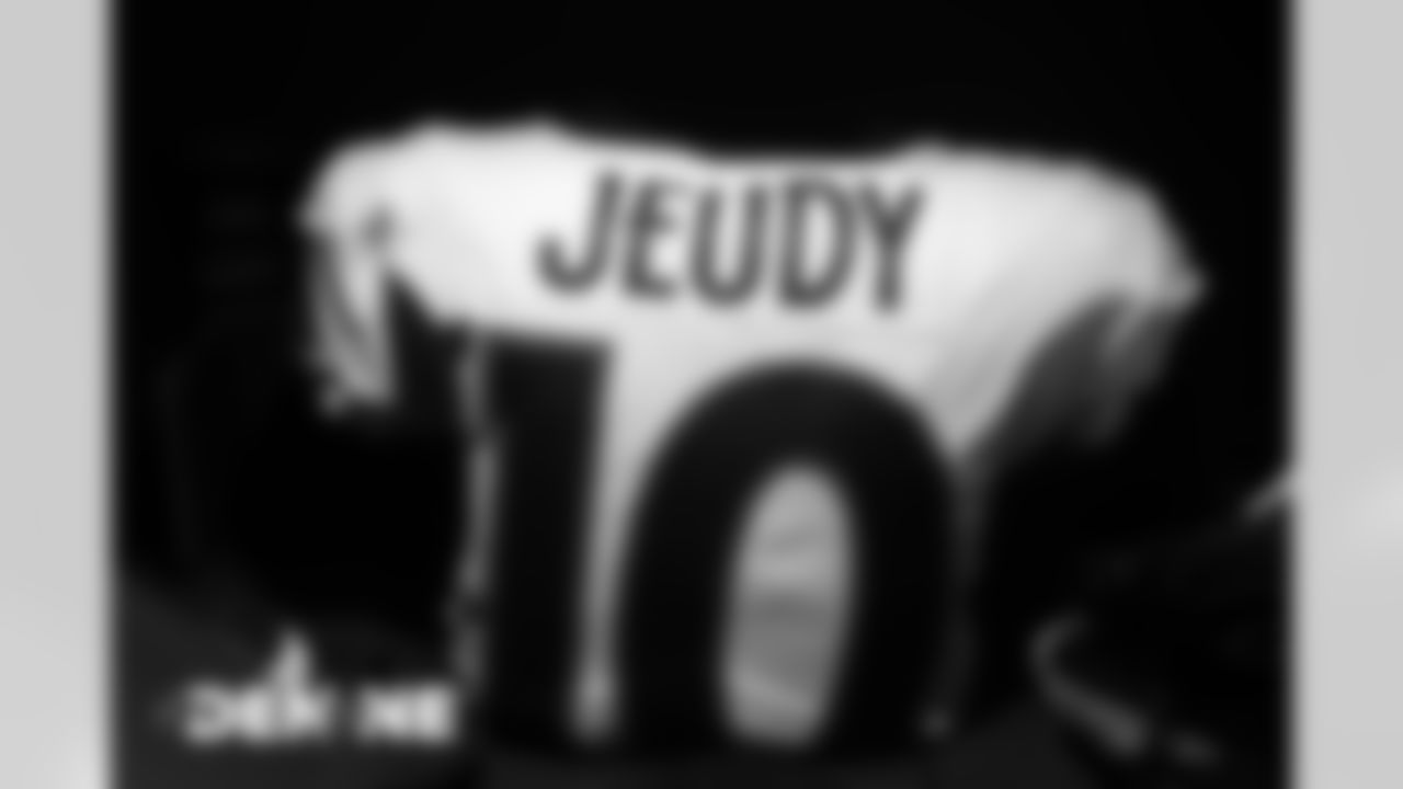 Jerry Jeudy's jersey in the locker room before the Broncos' Week 6 game against the New England Patriots at Gillette Stadium in Foxborough, Massachusetts, on October 18, 2020. (Photo by Ben Swanson)
