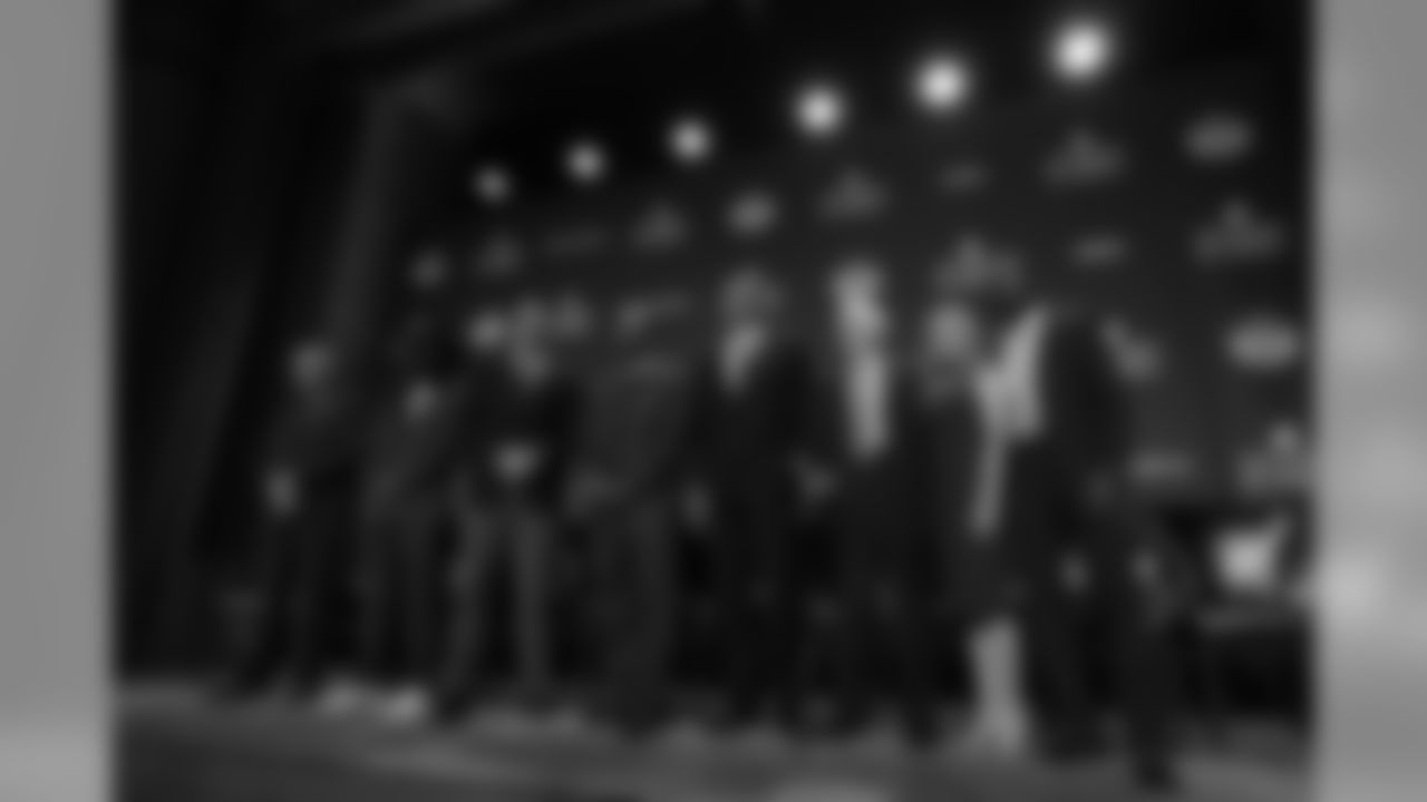 The Pro Football Hall of Fame's Class of 2019, including Annabel Bowlen (representing Owner Pat Bowlen) and Champ Bailey on February 2, 2019.
