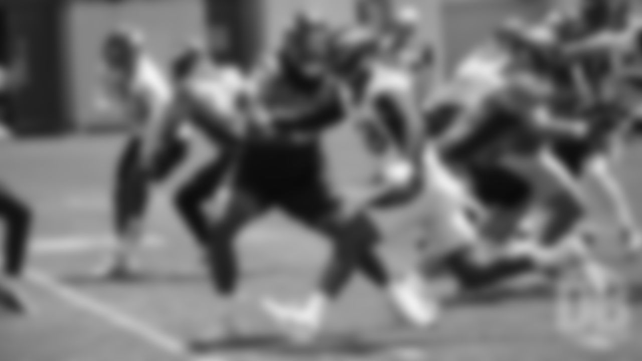 Ja'Wuan James blocks against Von Miller during the Broncos' practice on the ninth day of their OTAs on May 31, 2019.