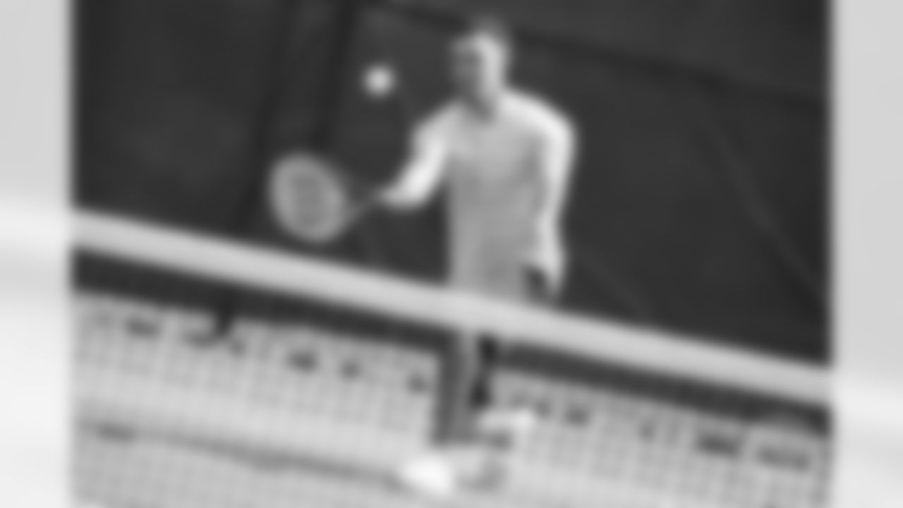 Safety Justin Simmons tries his hand at tennis as part of a video series from Broncos TV at Greenwood Athletic and Tennis Club on June 18, 2018.