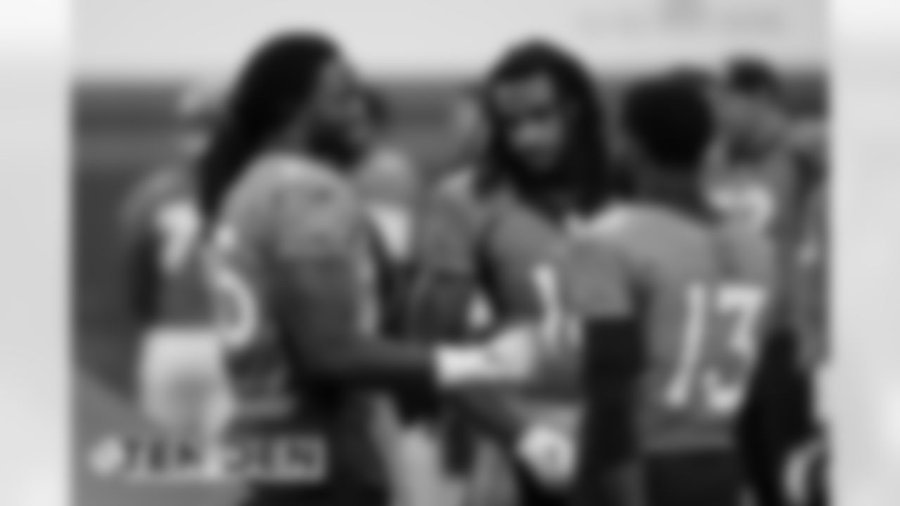 Melvin Gordon III, Tyrie Cleveland and KJ Hamler during practice at UCHealth Training Center on September 8, 2020. (Photo by Ben Swanson)