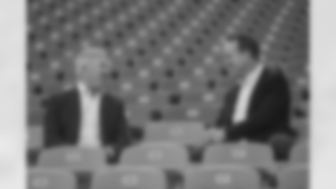 John Elway sits down with Peyton Manning for an interview in the stands during the taping of an episode of Peyton's Places at Empower Field at Mile High on June 26, 2020. (Photo by Ben Swanson)