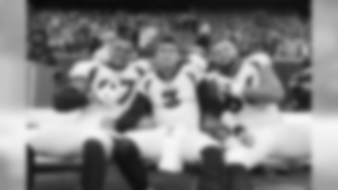 Denver Broncos tight end Noah Fant (87), quarterback Drew Lock (3), and offensive lineman Dalton Risner (66) on the bench during the NFL game against the Houston Texans at NRG Stadium in Houston, Texas, December 08, 2019.
Photo by Gabriel Christus
