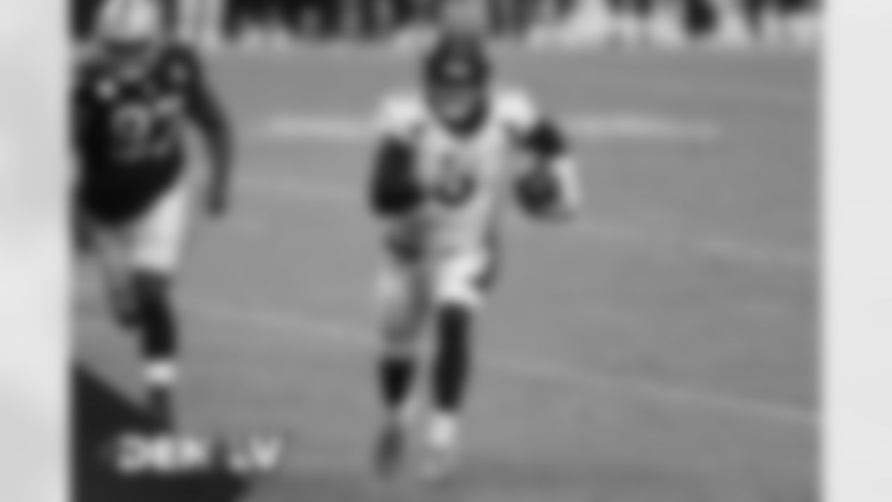 Drew Lock during the second half of the Broncos' Week 10 game against the Las Vegas Raiders at Allegiant Stadium in Las Vegas, Nevada. (Photo by Zak Krill)