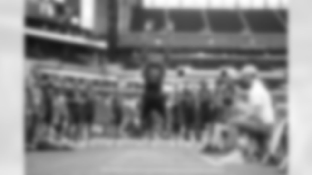 SMU wide receiver Courtland Sutton participates in the Broad Jump at the 2018 NFL Scouting Combine on Saturday, March 3, 2018, in Indianapolis. (AP Photo/Gregory Payan)