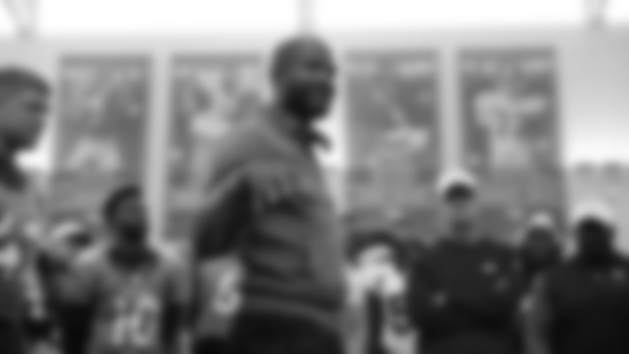 Pro Football Hall of Fame and Broncos Ring of Fame cornerback Champ Bailey talks to the team at practice on October 11, 2019 at UCHealth Training Center. (Photo by Ben Swanson)