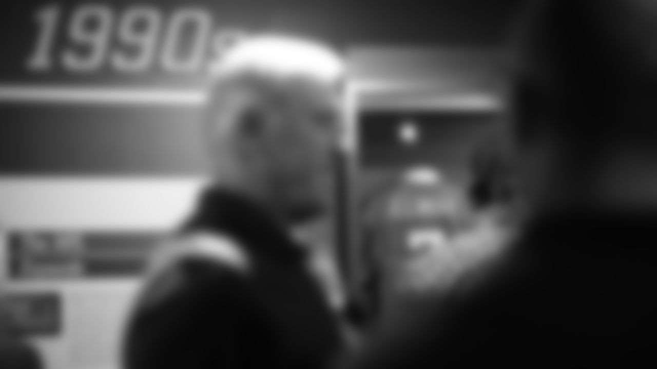 President of Football Operations/General Manager John Elway in front of his jersey during a tour of the Pro Football Hall of Fame in Canton, Ohio, on July 31, 2019.