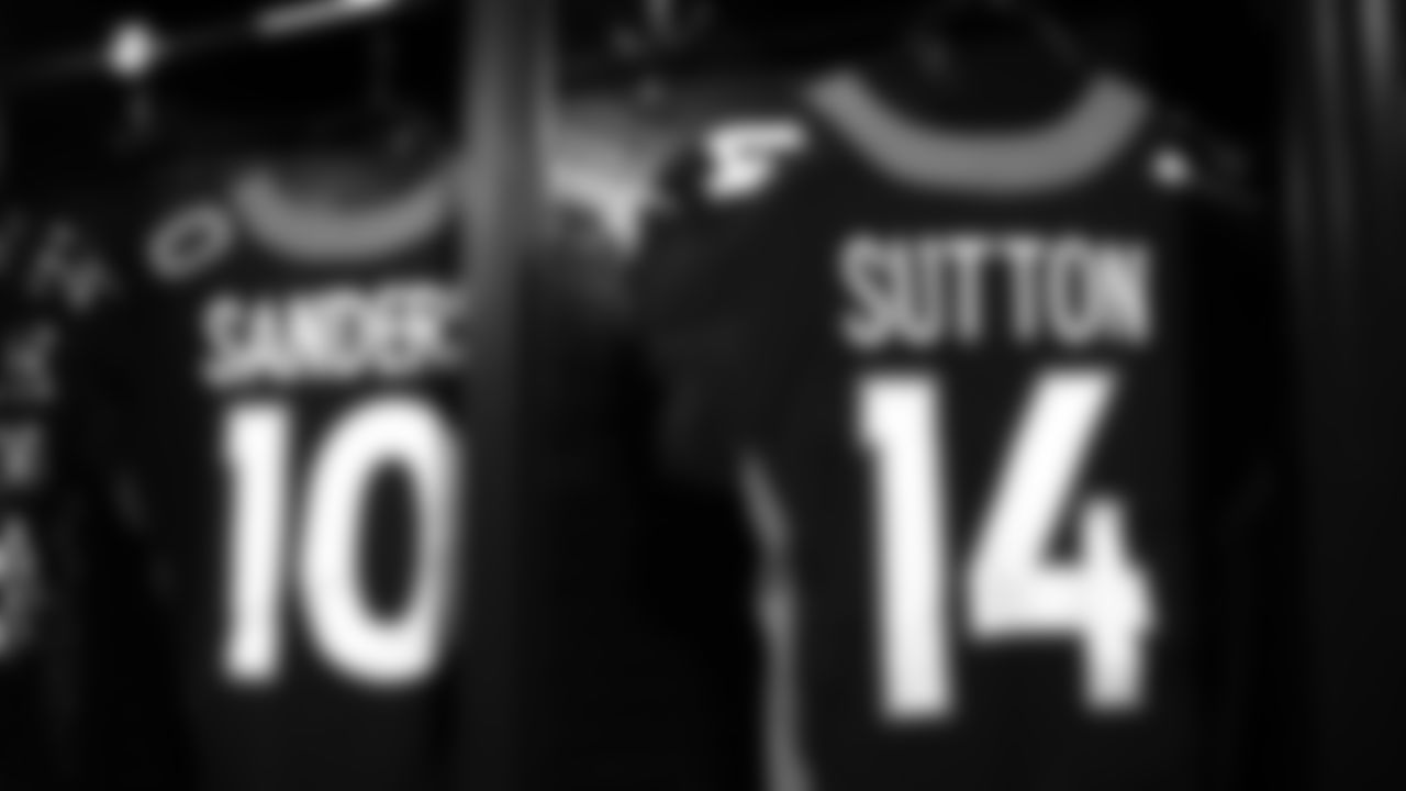 Courtland Sutton's and Emmanuel Sanders' jerseys during a photoshoot of the Broncos' alternate blue jerseys on October 10, 2019. (Photo by Ben Swanson)