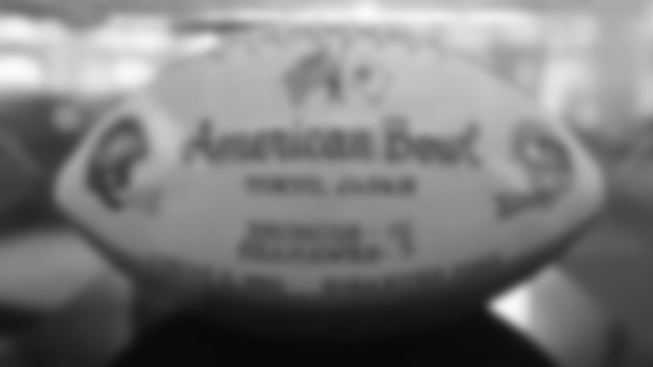 A game ball commemorating the Broncos' participation in the 1990 American Bowl is featured in a display at the open-house tribute to Pat Bowlen at Broncos Stadium at Mile High on June 18, 2019.