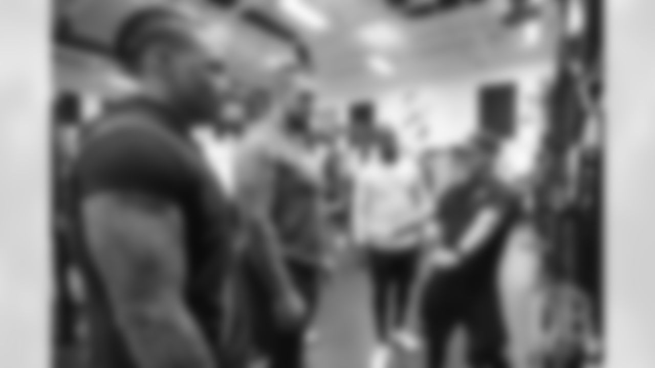 Anthony Lomando works with Su'a Cravens, Derek Wolfe, and Joe Jones during offseason workouts at UCHealth Training Center in Englewood, Colorado, on April 2, 2019.
Photo by Gabriel Christus