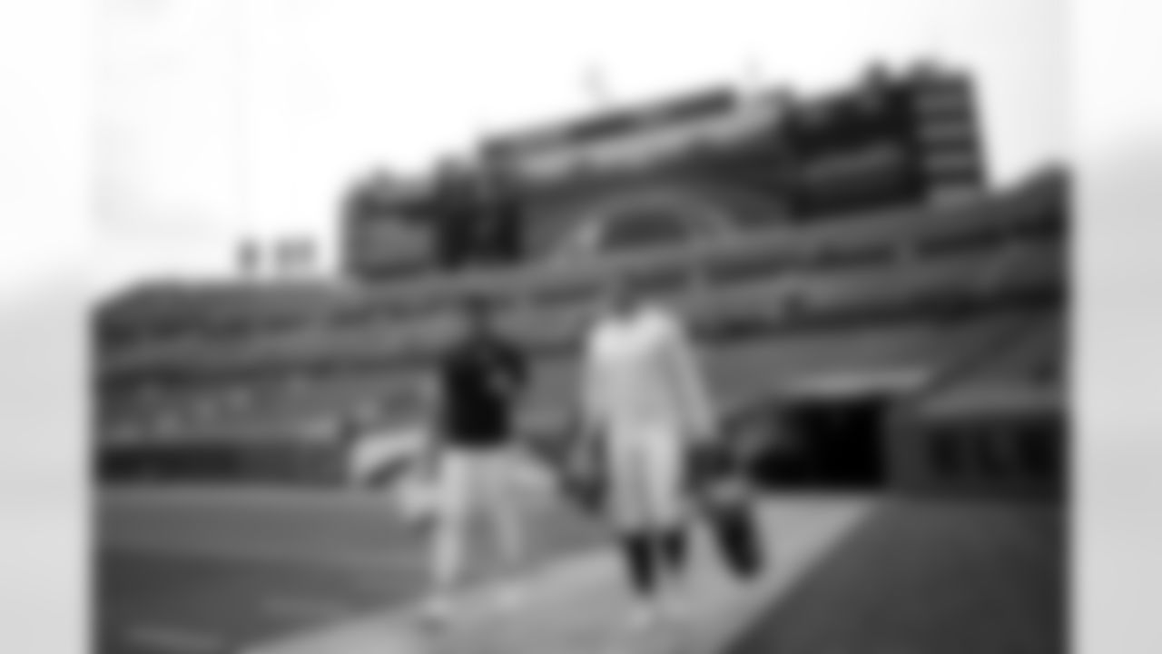 Sam Martin and Jacob Bobenmoyer before practice on Day 12 of training camp at Empower Field at Mile High on August 29, 2020. (Photo by Ben Swanson)