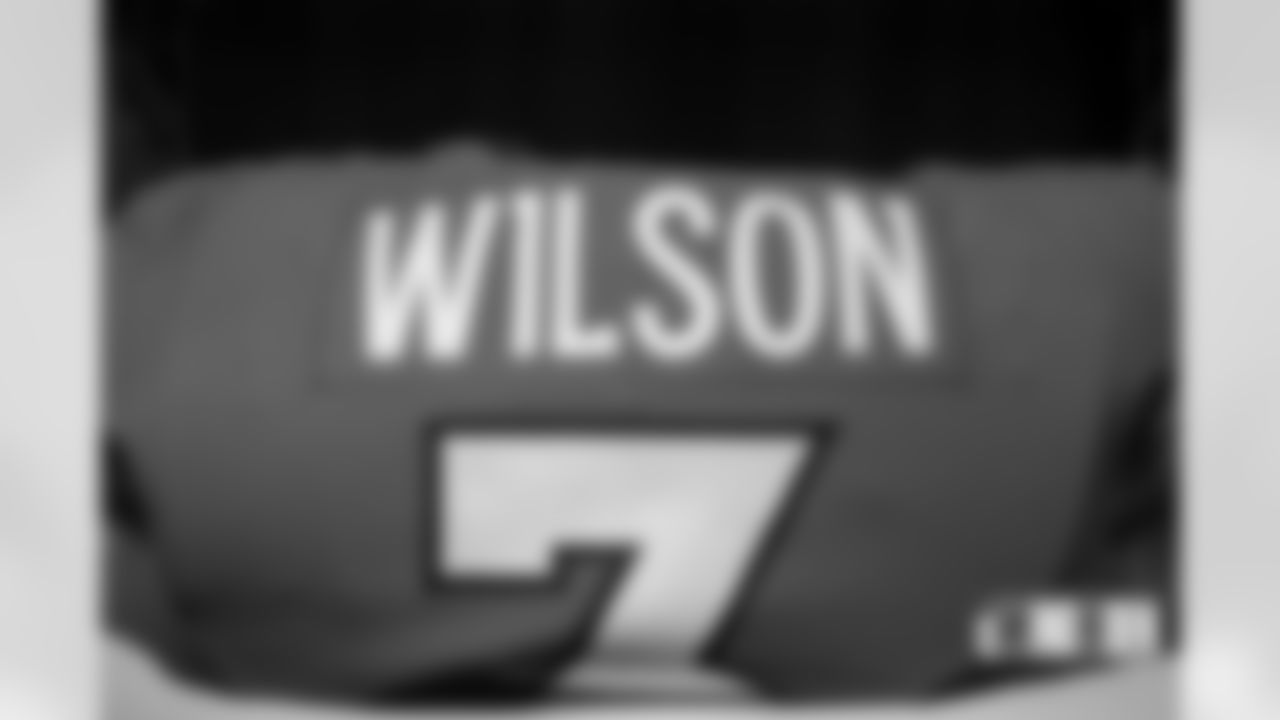 Russell Wilson's jersey in the locker room before the Broncos' Week 5 game against the Indianapolis Colts at Empower Field at Mile High in Denver, Colorado on October 6, 2022. (Photo by Ben Swanson)