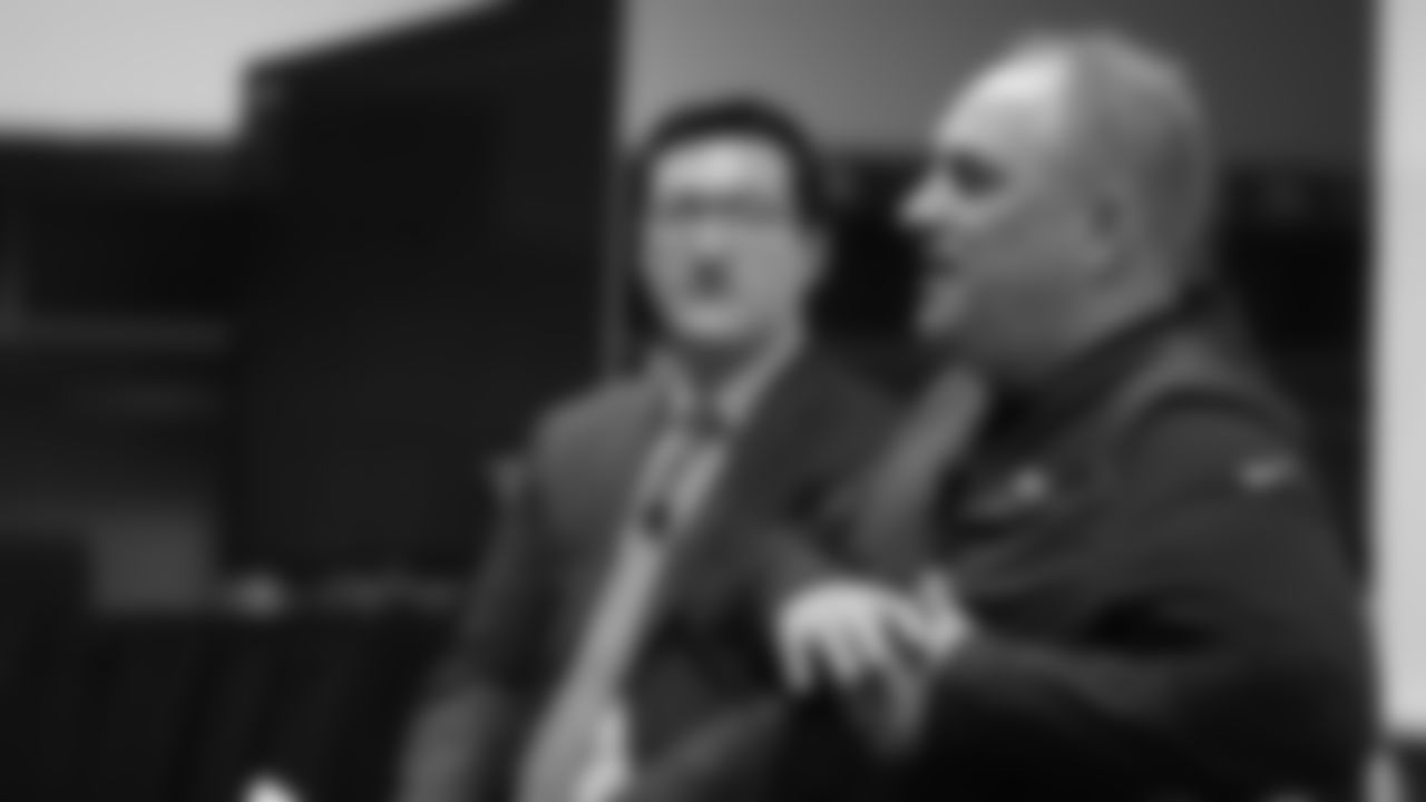 Head Coach Vic Fangio answers a question at a meet-and-greet visit with team employees at Broncos Stadium at Mile High on March 19, 2019.
