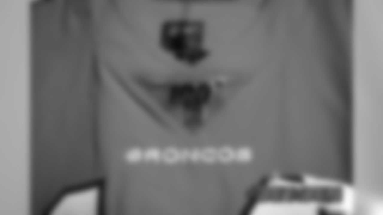 A preview of Courtland Sutton's Color Rush jersey during a photoshoot ahead of the team's Week 16 game against the Lions on December 18, 2019 at UCHealth Training Center. (Photo by Ben Swanson)