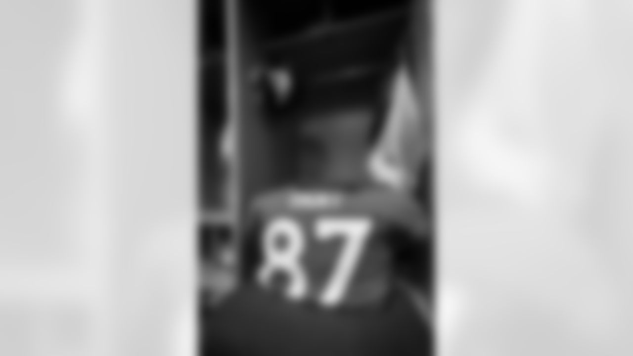 Noah Fant's jersey in the locker room before the Broncos' Week 3 game against the New York Jets at Empower Field at Mile High in Denver, Colorado on September 26, 2021. (Photo by Sam Weaver)