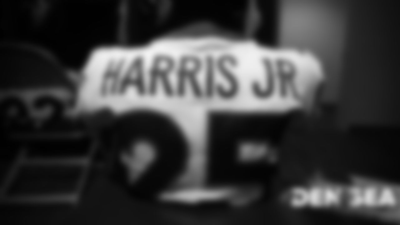 Chris Harris Jr.'s jersey in the visiting locker room for the Broncos' preseason game against the Seattle Seahawks at CenturyLink Field on August 8, 2019.