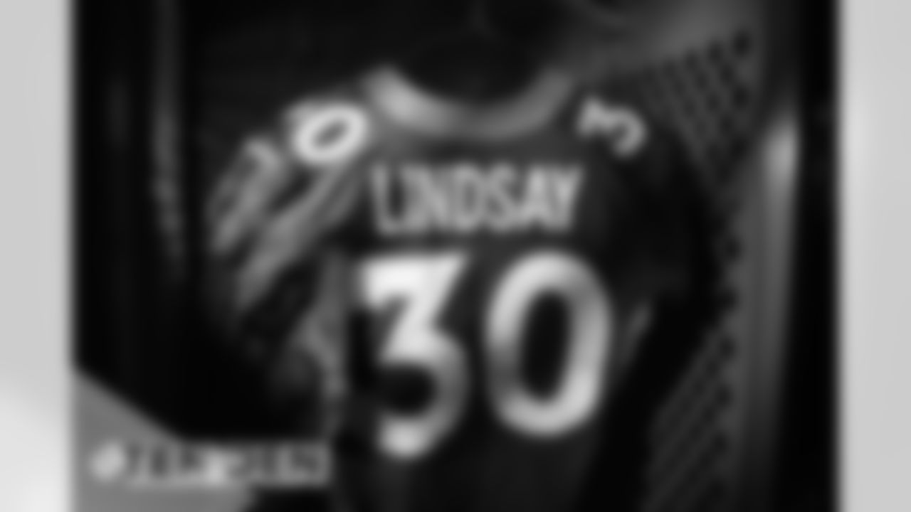Phillip Lindsay's jersey during a photoshoot of select players' blue alternate jerseys on September 11, 2020. (Photo by Ben Swanson)