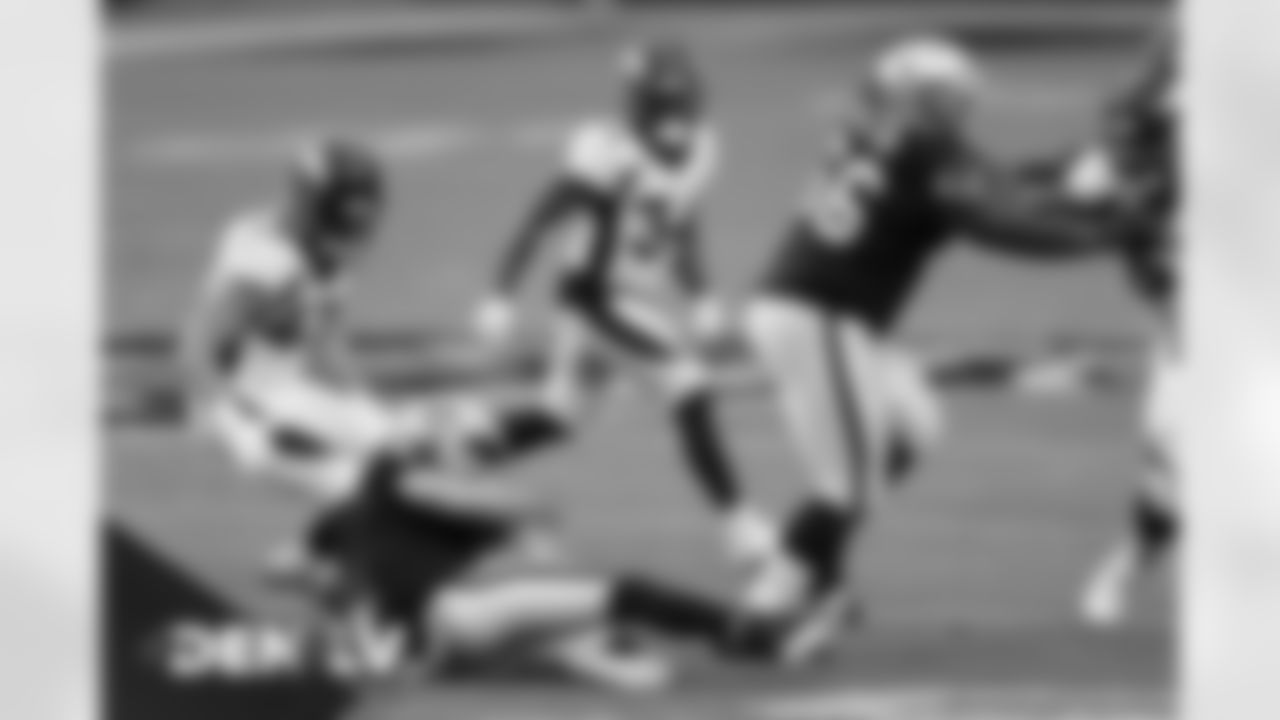 during the first half of the Broncos' Week 10 game against the Las Vegas Raiders at Allegiant Stadium in Las Vegas, Nevada. (Photo by Gabriel Christus)