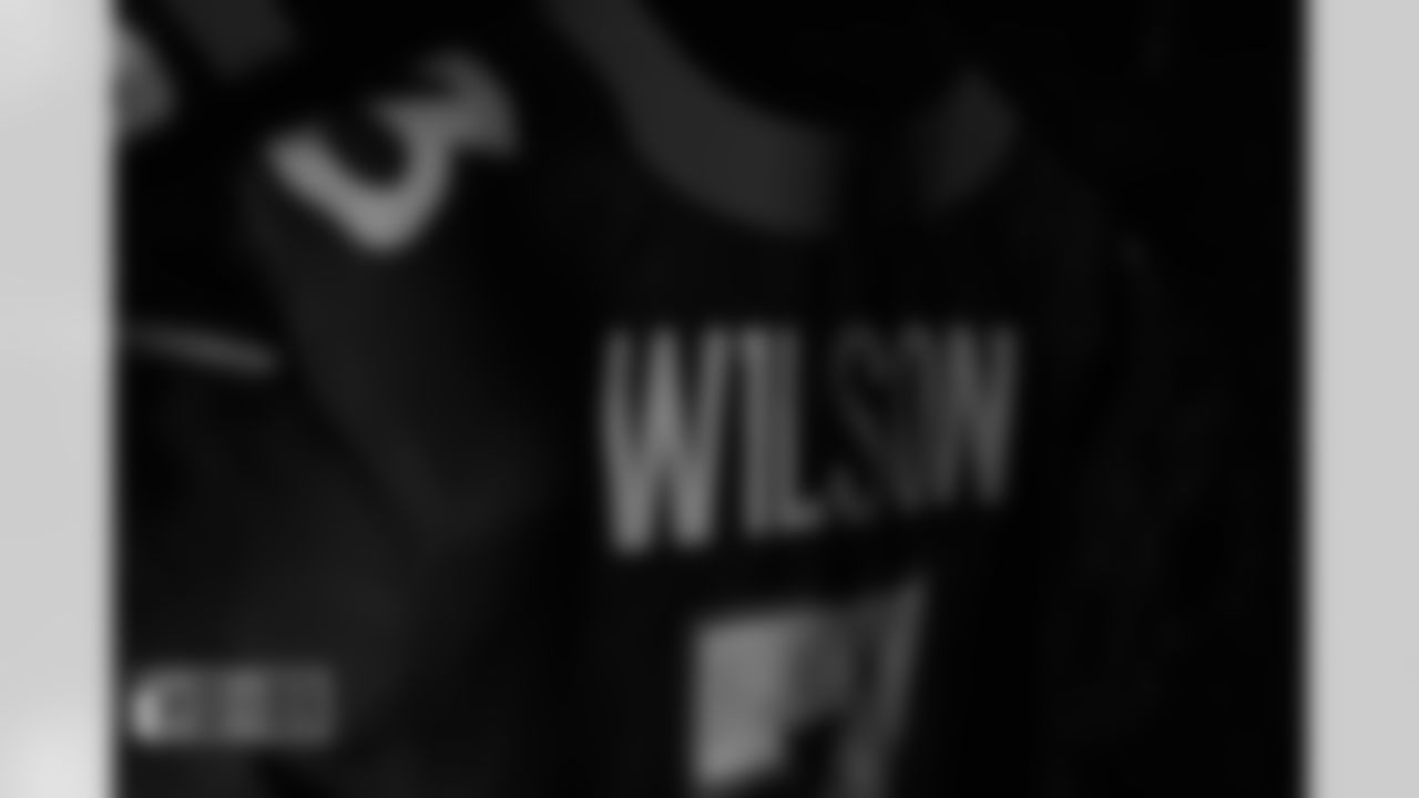 Russell Wilson's blue alternate uniform at UCHealth Training Center on September 21, 2022. (Photo by Ben Swanson)