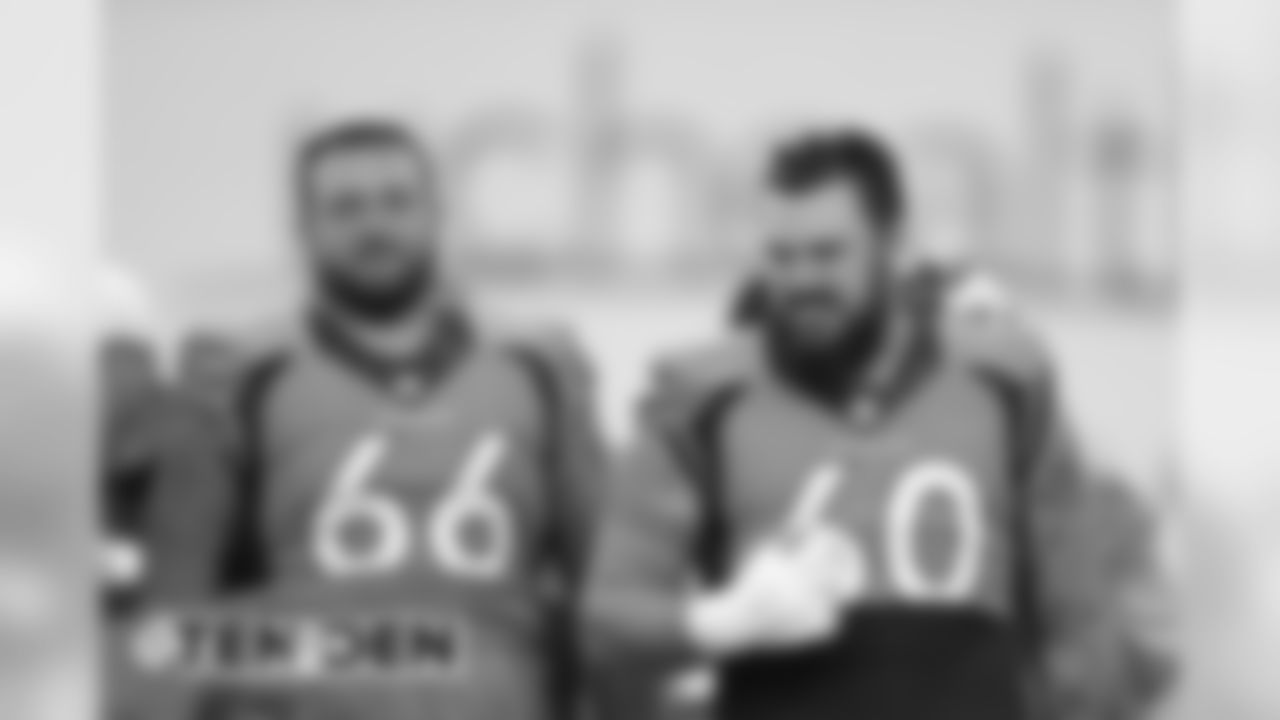 Dalton Risner and Connor McGovern during practice at UCHealth Training Center on October 10, 2019. (Photo by Gabriel Christus)
