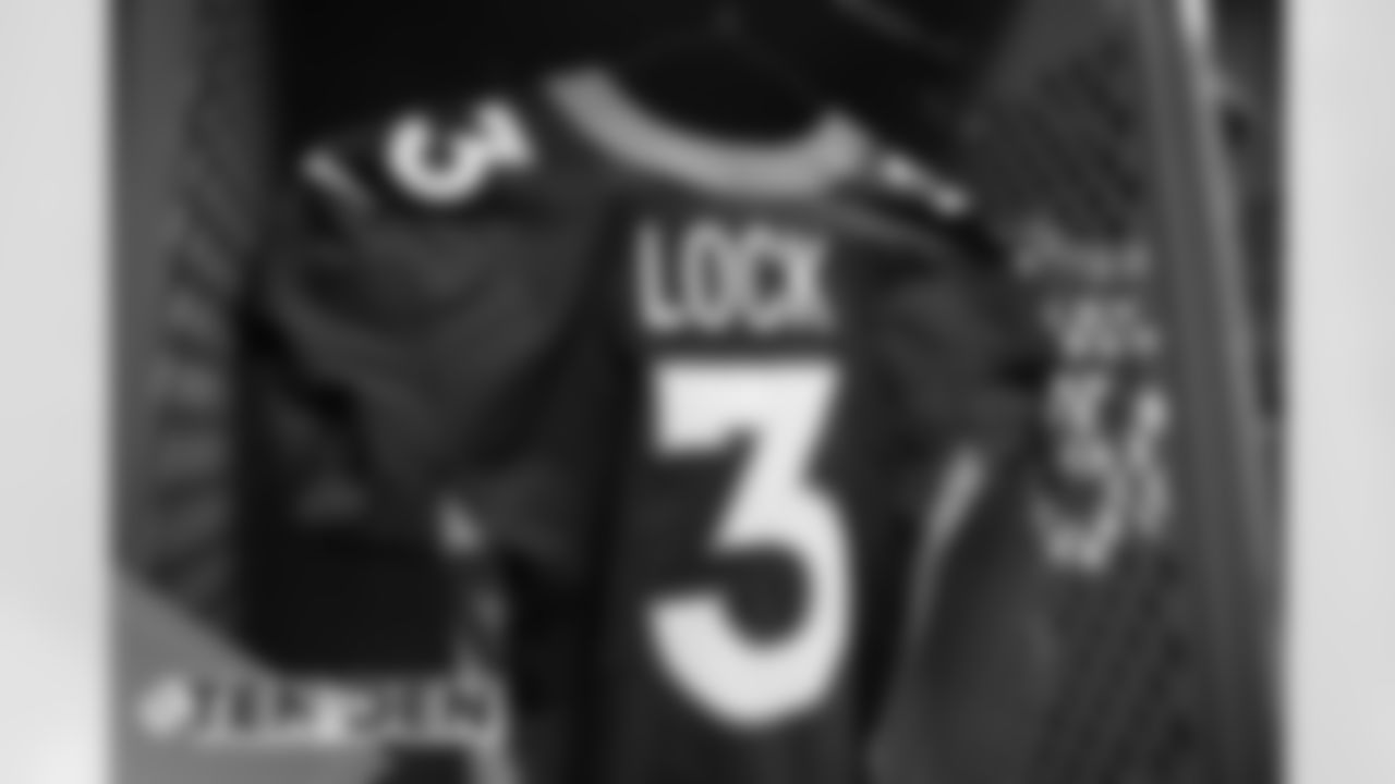 Drew Lock's jersey during a photoshoot of select players' blue alternate jerseys on September 11, 2020. (Photo by Ben Swanson)