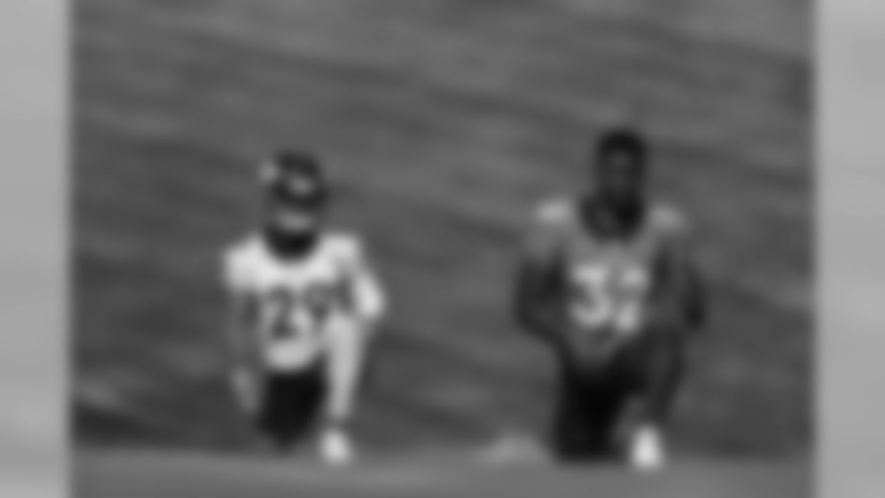 LeVante Bellamy and Bryce Callahan during practice at UCHealth Training Center in Centennial, CO, August 13, 2020.
Photo by Gabriel Christus