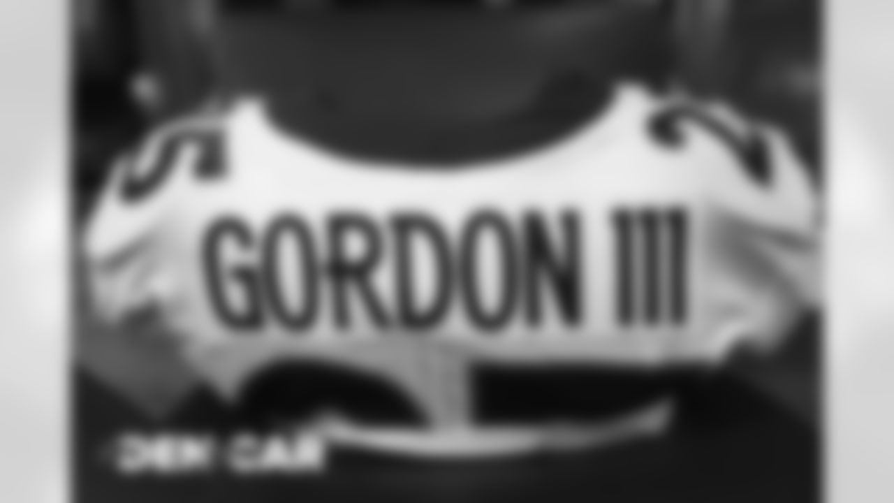 Melvin Gordon III's jersey in the locker room before the Broncos' Week 14 game against the Carolina Panthers at Bank of America Stadium in Charlotte, North Carolina. (Photo by Gabriel Christus)