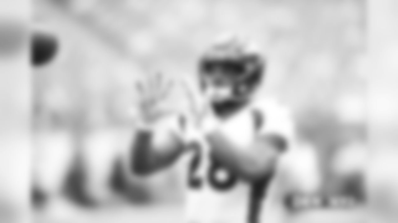 Royce Freeman warms up before the NFL game against the New York Jets at MetLife Stadium in East Rutherford, New Jersey, October 07, 2018.
Photo by Jose Angel