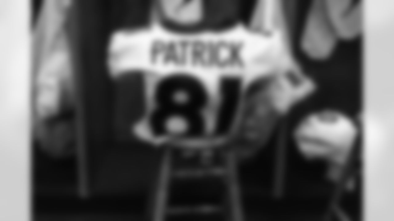 Tim Patrick's jersey in the locker room before the Broncos' Week 13 game against the Kansas City Chiefs at GEHA Field at Arrowhead Stadium in Kansas City, Missouri on December 5, 2021. (Photo by Joe Abdellah)