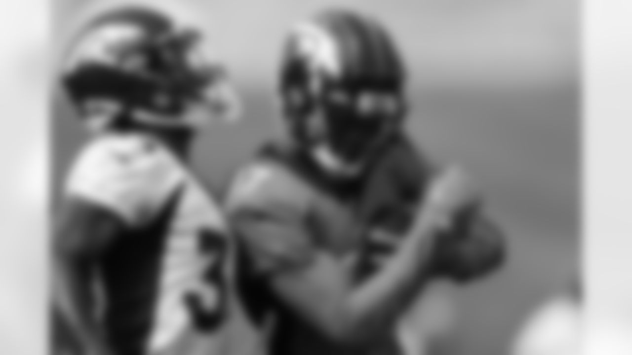 DaeSean Hamilton and Essang Bassey during training camp at UCHealth Training Center in Centennial, CO, August 24, 2020.
Photo by Gabriel Christus