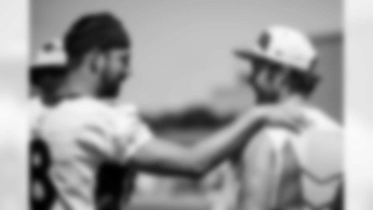 Brandon McManus talks with former teammate and current Minnesota Vikings punter Britton Colquitt (2) during a joint practice with the Minnesota Vikings amid training camp at TCO Performance Center on August 11, 2021. (Photo by Ben Swanson)