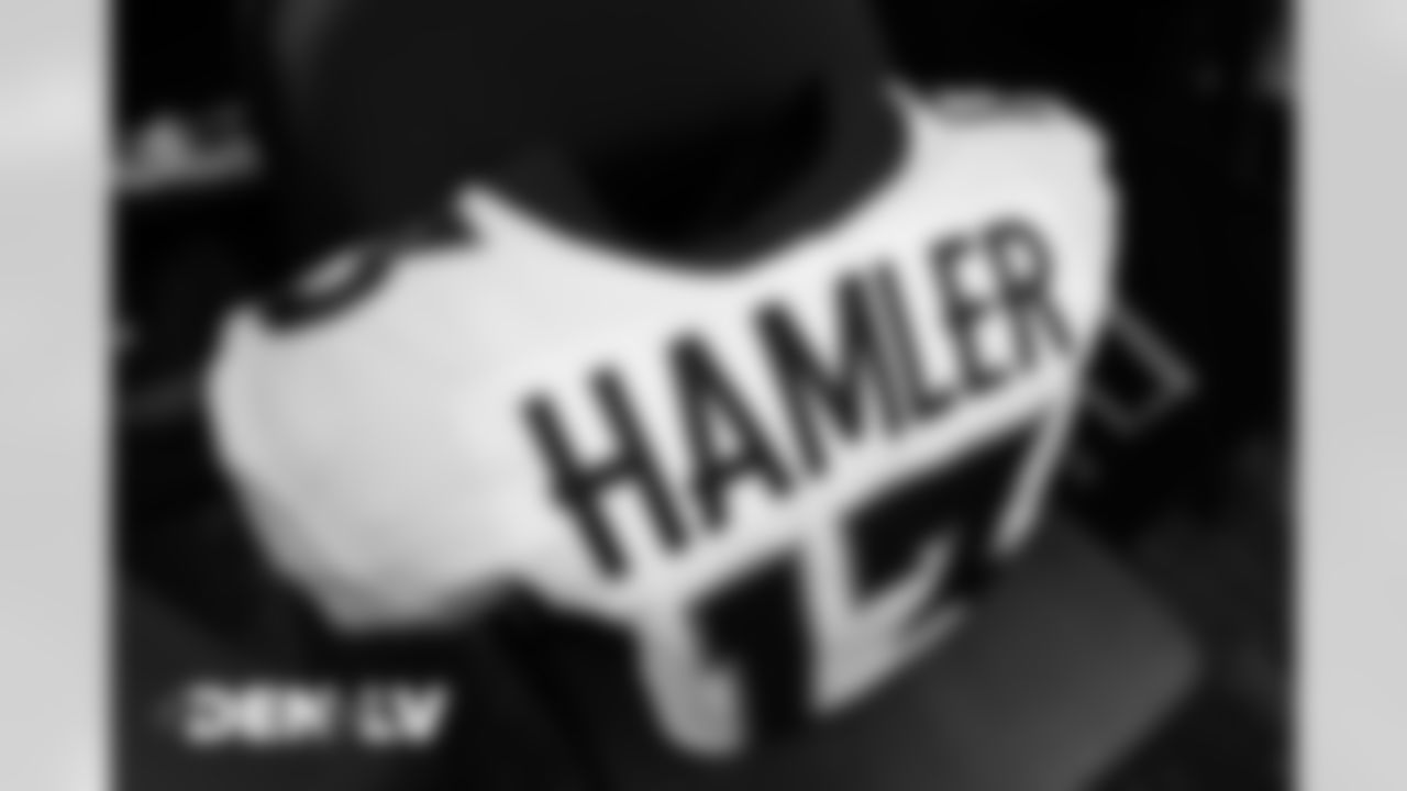 KJ Hamler's jersey in the locker room before the Broncos' Week 10 game against the Las Vegas Raiders at Allegiant Stadium in Las Vegas, Nevada. (Photo by Joe Abdellah)
