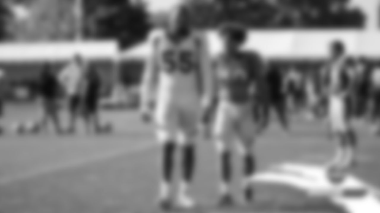 Bradley Chubb and Phillip Lindsay at a joint practice with the San Francisco 49ers on the 20th day of training camp on August 17, 2019.