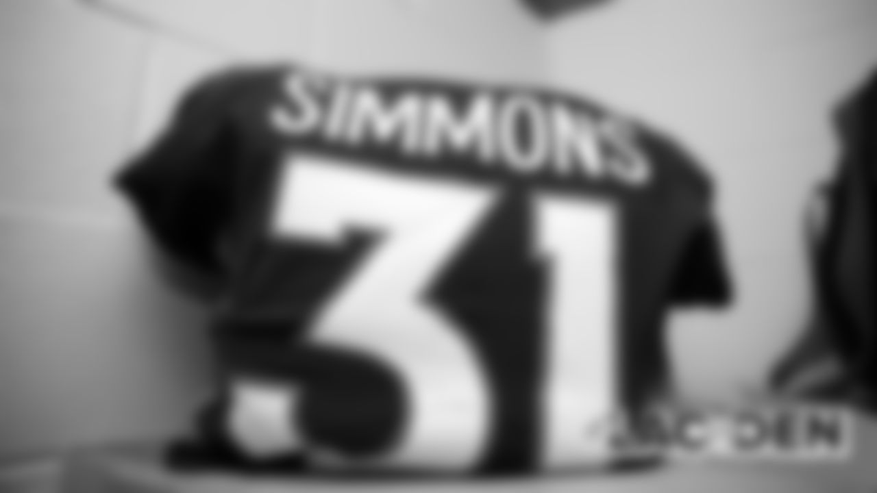 Justin Simmons's jersey in the locker room before the Broncos' game against the Los Angeles Chargers at Empower Field at Mile High on December 1, 2019. (Photo by Ben Swanson)