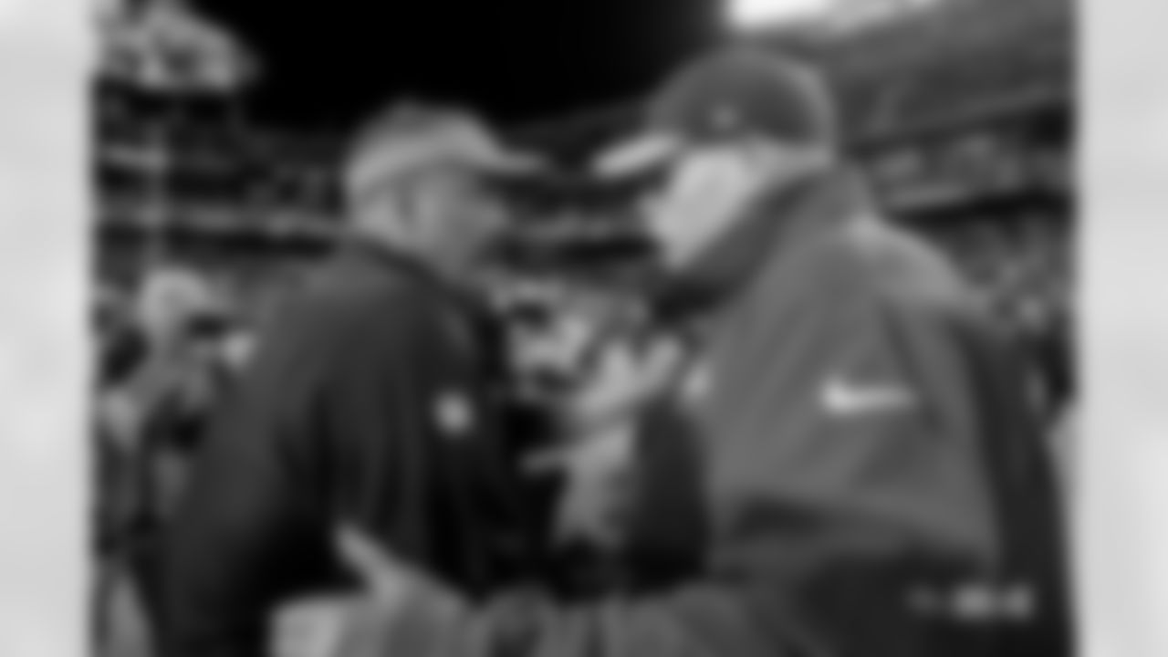 Denver Broncos head coach Sean Payton shakes hands with Kansas City Chiefs head coach Andy Reid after the Broncos' Week 6 game against the Kansas City Chiefs at GEHA Field at Arrowhead Stadium in Kansas City, Missouri on October 12, 2023. Photo by Gabriel Christus / Denver Broncos