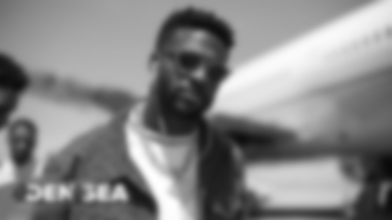 Emmanuel Sanders on the tarmac for the Broncos' flight to Seattle on August 7, 2019 ahead of their game against the Seahawks.