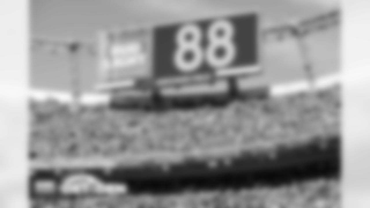 The Broncos honor Demaryius Thomas during the Broncos' Week 14 game against the Detroit Lions at Empower Field at Mile High in Denver, Colorado on December 12, 2021. (Photo by Eric Lars Bakke)