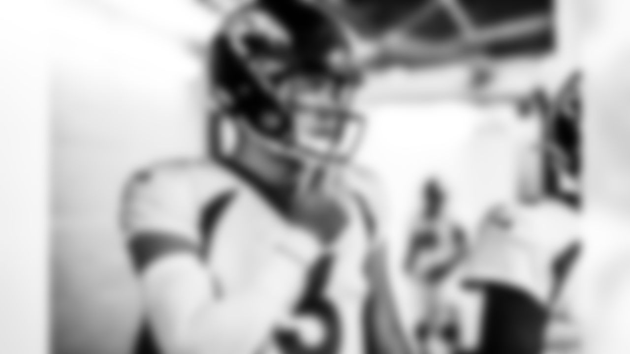 Drew Lock before the Broncos' Week 16 game against the Las Vegas Raiders at Allegiant Stadium in Las Vegas, Nevada on December 26, 2021. (Photo by David Dermer)