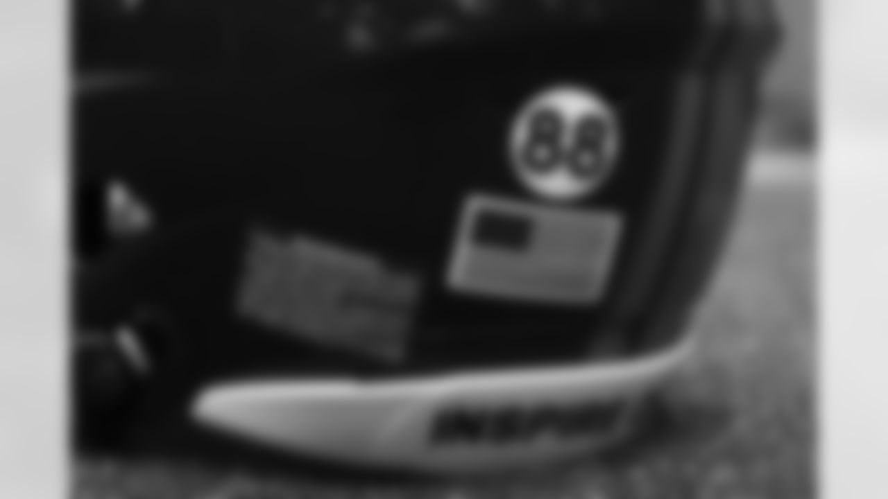 Tim PatrickÕs helmet ahead of the Broncos Week 14 game vs. the Lions at Empower Field at Mile High on December 12, 2021. The Broncos helmets have an 88 decal on them to honor former Broncos WR Demaryius Thomas.