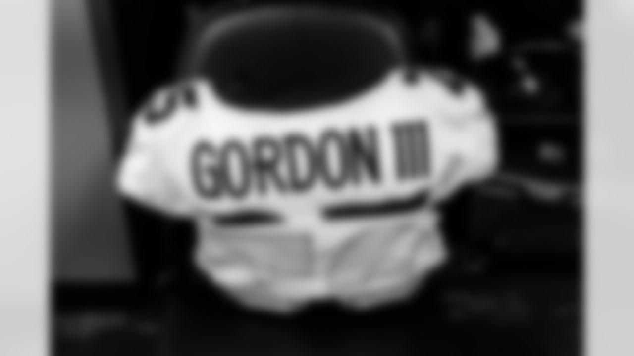 Melvin Gordon III's jersey in the locker room the Broncos' Week 16 game against the Las Vegas Raiders at Allegiant Stadium in Las Vegas, Nevada on December 26, 2021. (Photo by Joe Abdellah)