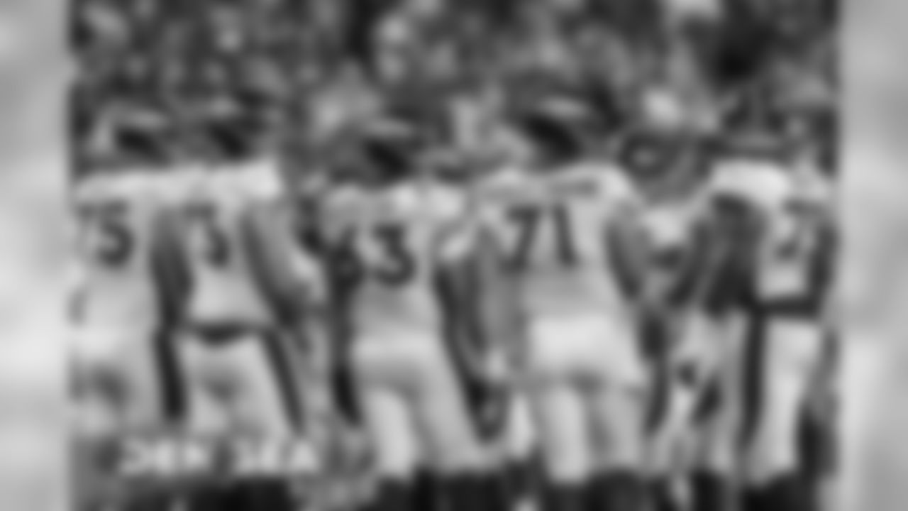 Quinn Bailey, John Leglue, Ryan Crozier, Austin Schlottmann, Chaz Green and the offense huddle up during the second half of a preseason game against the Seattle Seahawks at CenturyLink Field in Seattle on August 8, 2019.