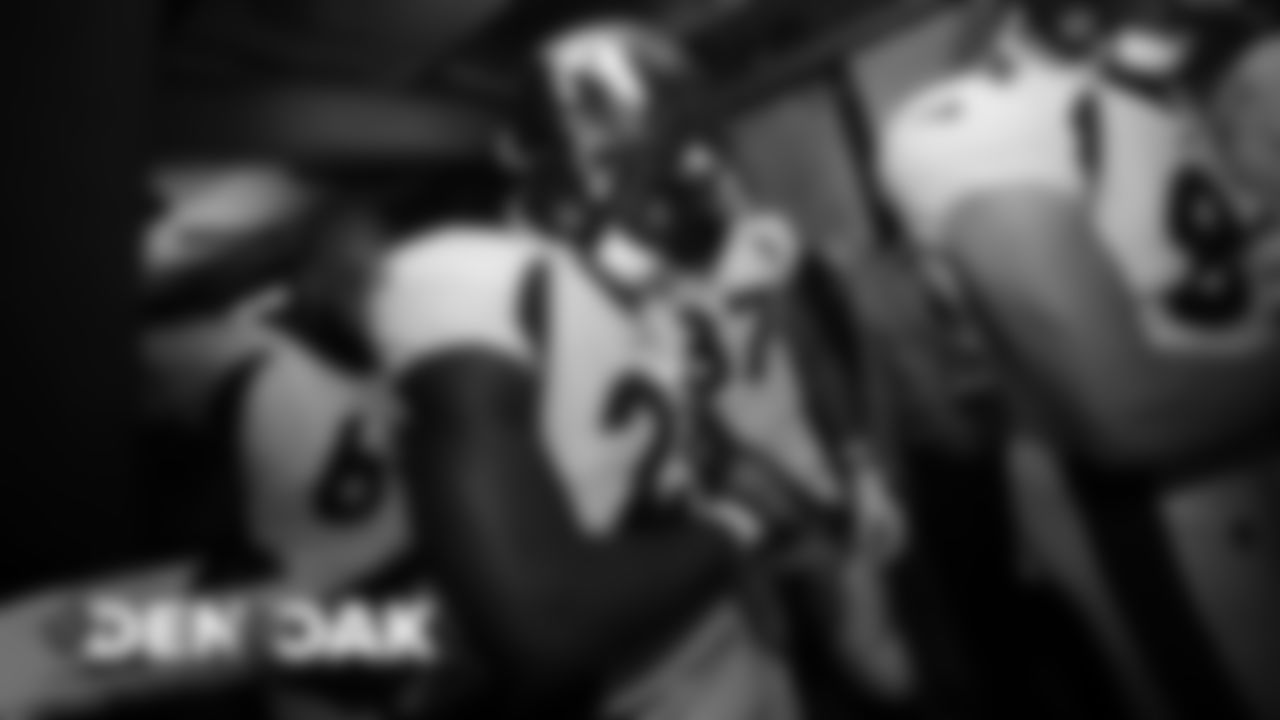 Royce Freeman before the Broncos' game against the Oakland Raiders at Oakland-Alameda Coliseum on September 9, 2019. (Photo by Ben Swanson)