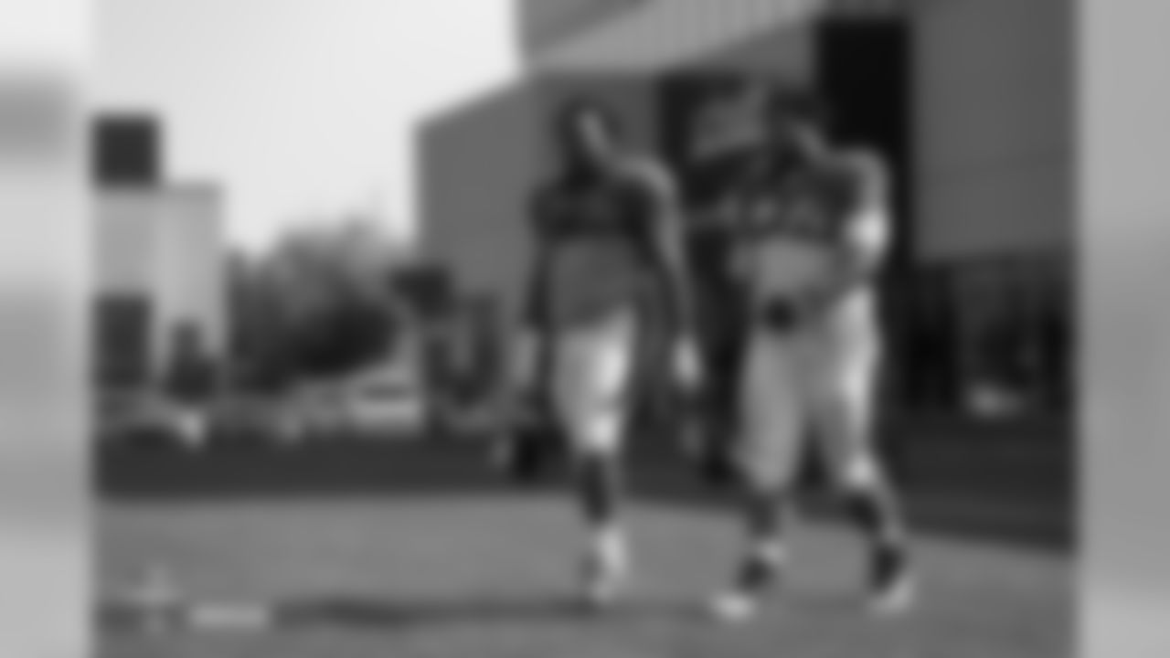 Guard Max Garcia (76) and tackle Jeremiah Poutasi (74) during the ninth day of training camp on August 7, 2018, at UCHealth Training Center.