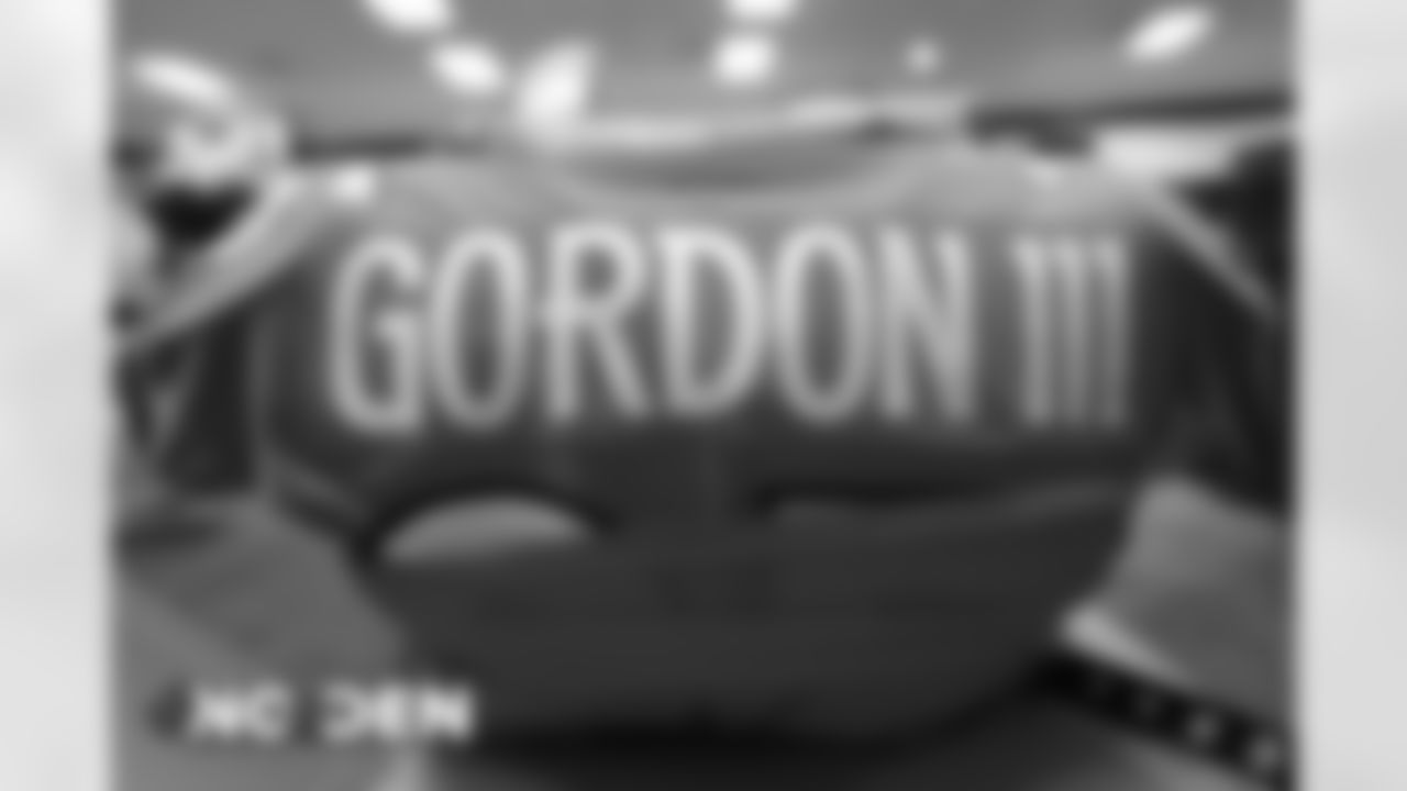 Melvin Gordon III's jersey in the locker room before the Broncos' Week 12 game against the New Orleans Saints at Empower Field at Mile High on November 29, 2020. (Photo by Ben Swanson)