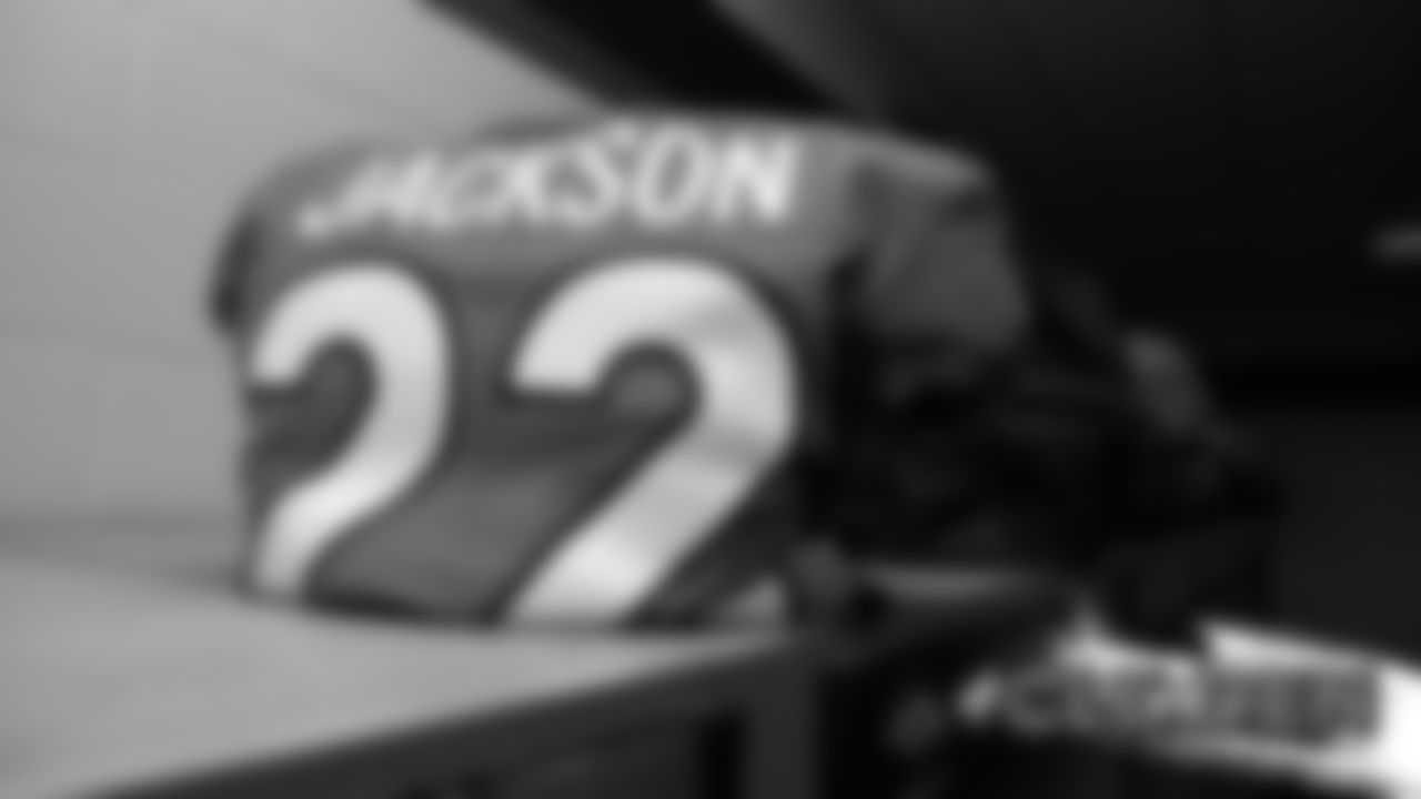 Kareem Jackson's jersey in the locker room before the Broncos' game against the Cleveland Browns at Empower Field at Mile High on November 3, 2019. (Photo by Ben Swanson)