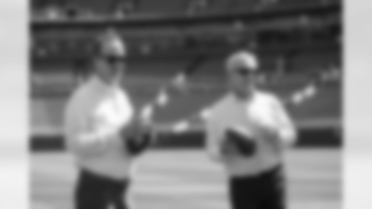 Peyton Manning and John Elway talk during the taping of an episode of Peyton's Places at Empower Field at Mile High on June 26, 2020. (Photo by Ben Swanson)