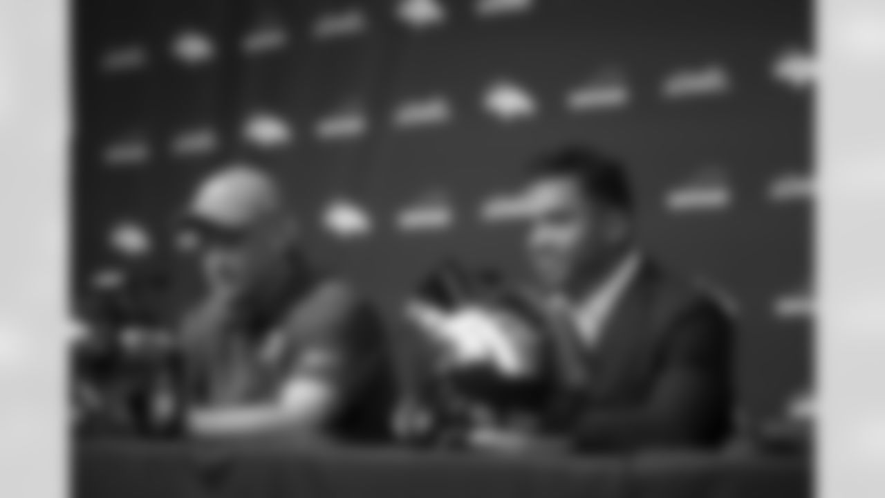 Nathaniel Hackett and Russell Wilson during a press conference after signing a contract extension on Thursday, September 1, 2022 at UCHealth Training Center in Englewood, Colorado.
Photo by Gabriel Christus/Denver Broncos