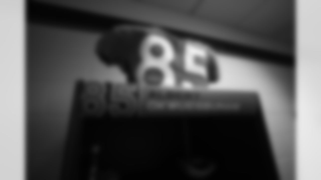 Albert Okwuegbunam's jersey in the locker room before on Day 12 of training camp at Empower Field at Mile High on August 29, 2020. (Photo by Ben Swanson)